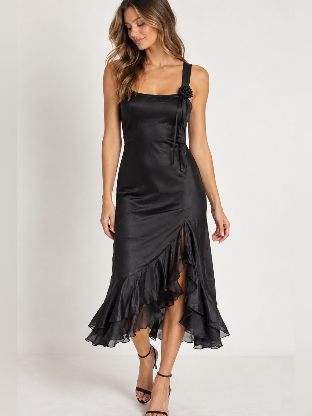 Mac & Jac 100% Silk Black Ruffle Midi Dress Size 8 Y2K Evening
